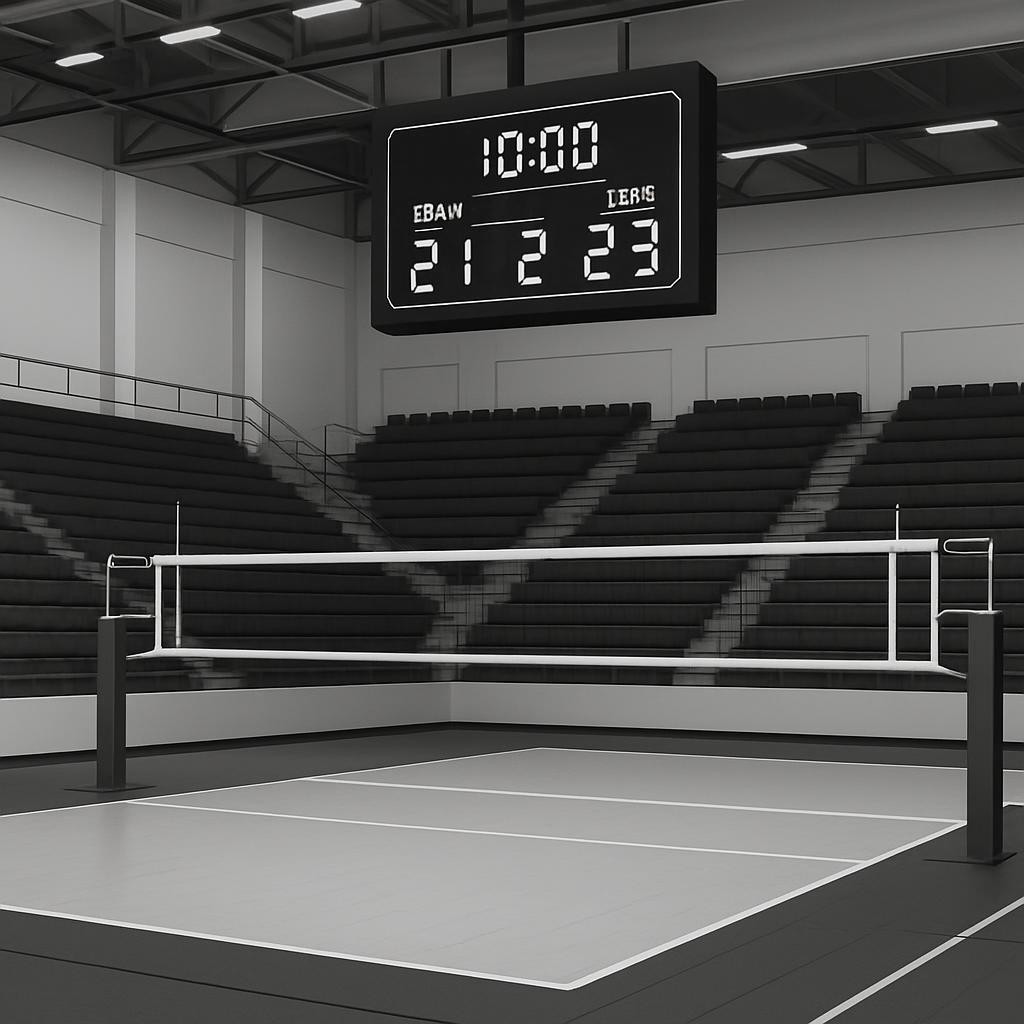 A gymnasium with a scoreboard displaying a score of 21 to 23.